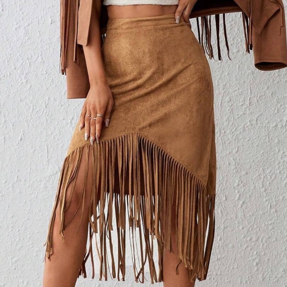 Retro Western Style Irregular Design Fringed Suede Skirt